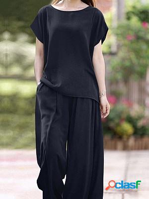 Fashion Short Sleeve Shirt And Wide Leg Pants Loose Two