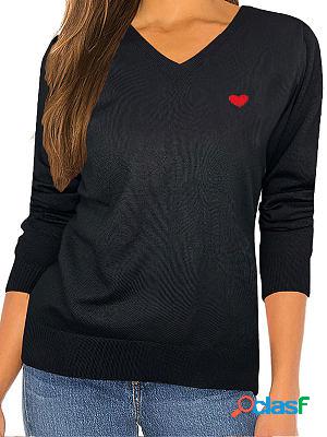 Fashion V-neck Long-sleeve Solid Color Heart Pullover