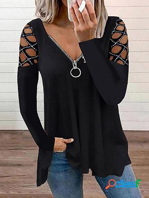 Fashion V-neck Solid Color Hollow Sleeves T-shirt