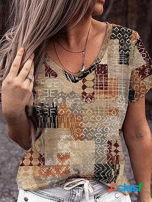 Fashionable Personalized Print V-neck Loose Short-sleeved