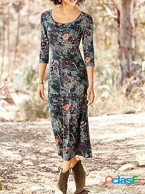 Floral Printed 3/4 Sleeves Crew Neck Maxi Dress