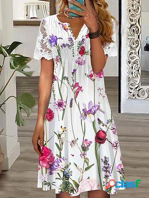 Floral-print Buckled Patchwork Lace Track Shift Dresses