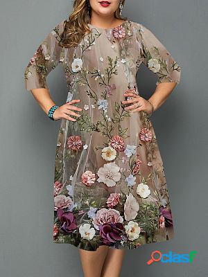 Floral-print Spring-summer Round-neck Shift Dresses