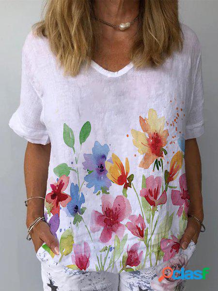 Floreale Maniche Corte Scollo a V taglia grande Casuale Top