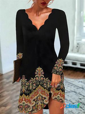 Geometric Printed V Neck Long Sleeve Short Dress