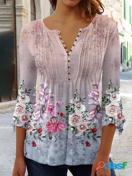 Girocollo Rosso Floreale Casuale Camicia