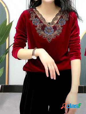 Gold Velvet V-neck Stitching Long-sleeved T-shirt