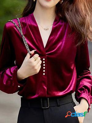 Golden Velvet Long-sleeved Elegant V-neck Blouses