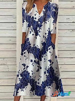 Half Sleeves V Neck Pockets Printed Midi Dress