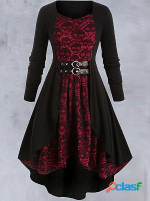 Halloween Skull Slim Fit Lace-up Long Sleeve Midi Dress