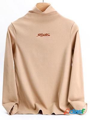 High Neck Casual Loose Embroidered Warm Long Sleeve T-shirt