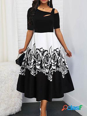 High Waist Printed Off-shoulder Long Swing Skater Dresses