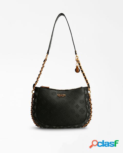 Hobo bag nera in similpelle con scritta logo serigrafata all
