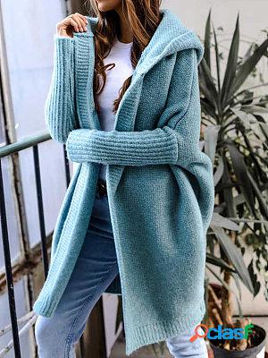 Hooded Long-sleeved Solid Color Woolen Coat