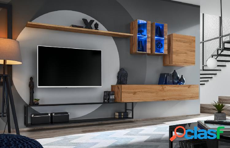 Idiana - Parete soggiorno moderna in metallo e legno con