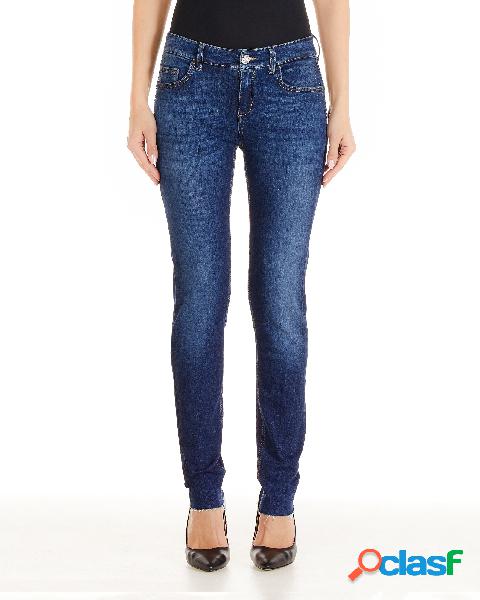 Jeans skinny blu a vita bassa in cotone elasticizzato con