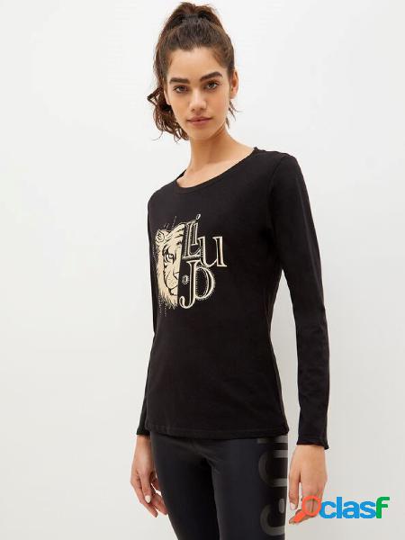 LIU JO T-shirt a maniche lunghe con logo e strass Nero/Oro