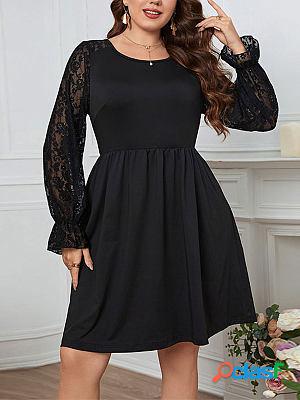 Lace Panel Sleeves Crew Neck Solid Midi Skater Dresses