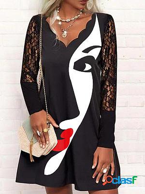 Lace Paneled Long-sleeved V-neck Face Print Shift Dresses