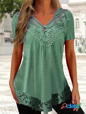 Lace Paneled Short Sleeves V Neck Casual T-shirt