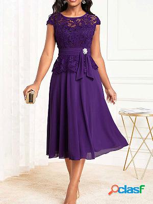 Lace Purple Round Neck Cap Sleeve Shift Dresses