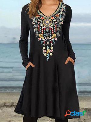 Ladies Ethnic Print Long-sleeved Shift Dress