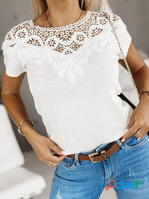 Ladies Solid Color Round Neck Lace Stitching Short-sleeved