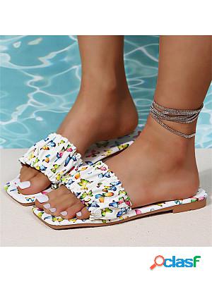 Ladies Vintage Square Toe Butterfly Print Beach Slippers