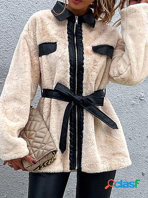 Lapel Long Sleeve Contrast Mid-length Plush Jacket