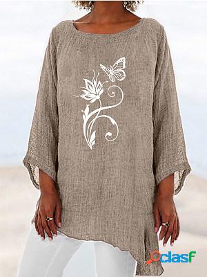 Linen Blend Round Neck Long Sleeves Blouse