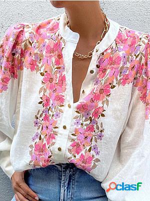 Linen Women Printed Long Sleeves Blouse