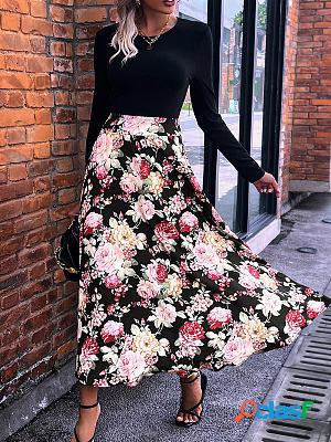 Long Sleeve Crew Neck Floral Maxi Dresses