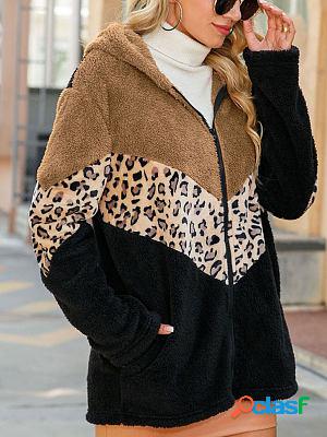 Long Sleeve Hooded Leopard Print Zip Colorblock Mid-length