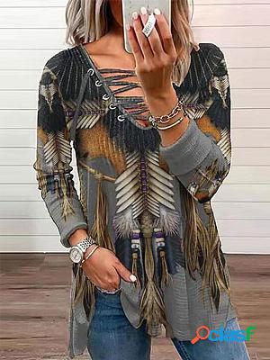 Long Sleeve Printed Pullover Tie V-neck Loose Long sleeve
