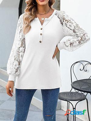 Long Sleeve Pullover Casual Lace Button Top