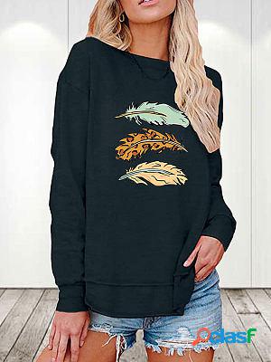 Long Sleeve Round Neck Pullover Feather Print Long sleeve