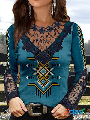 Long Sleeves Lace Paneled Printed Casual T-shirt