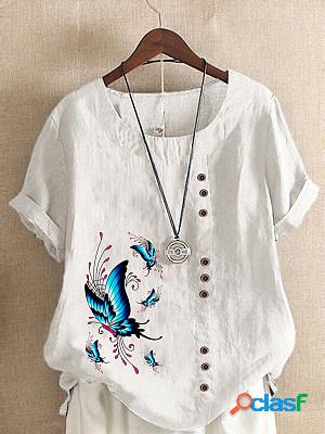 Loose Casual Butterfly Print Crew Neck Short Sleeve Blouse