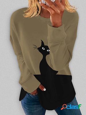 Loose Casual Cat Print Round Neck Long Sleeve Sweatshirt