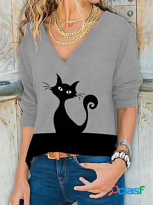 Loose Casual Cat Print Round Neck Long Sleeve T-Shirt