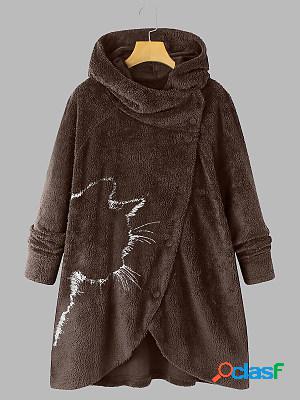 Loose Casual Cat Print Thermal Plush Hooded Coat