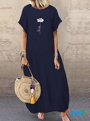 Loose Casual Daisy Print Crew Neck Short Sleeve Maxi Dress