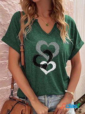 Loose Casual Heart Print V-Neck Short Sleeve T-Shirt