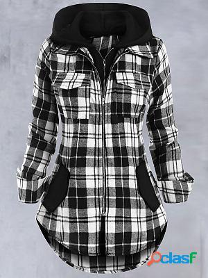 Loose Casual Plaid Printed Cardigan Hooded Coat