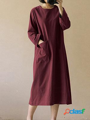 Loose Casual Solid Color Round Neck Pocket Long Sleeve Midi