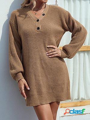 Loose Casual Solid Color V-Neck Button Long Sleeve Sweater