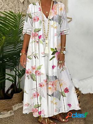 Loose Floral Print V-Neck Short Sleeve Maxi Dress