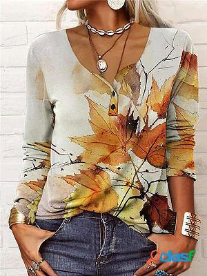 Loose Geometric Flower U-neck Button Long-sleeved T-shirt