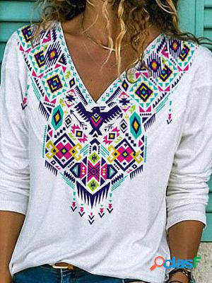 Loose Pullover Printed V-neck Long-sleeved T-shirt