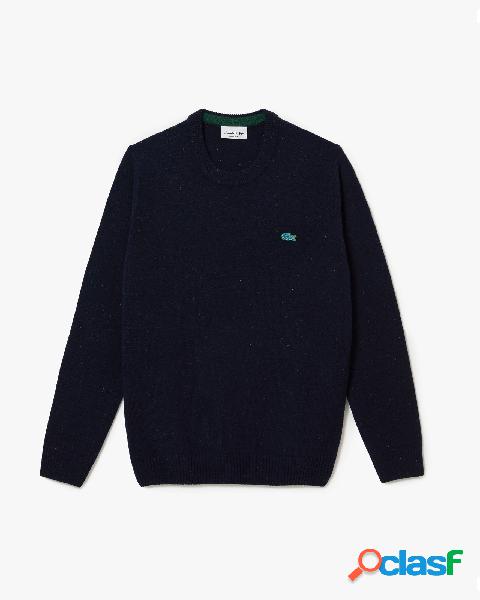 Maglia blu girocollo in pura lana effetto bottonato